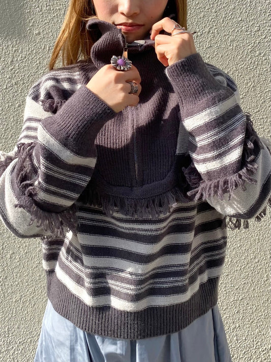 Half-Zip Striped Turtleneck Knit