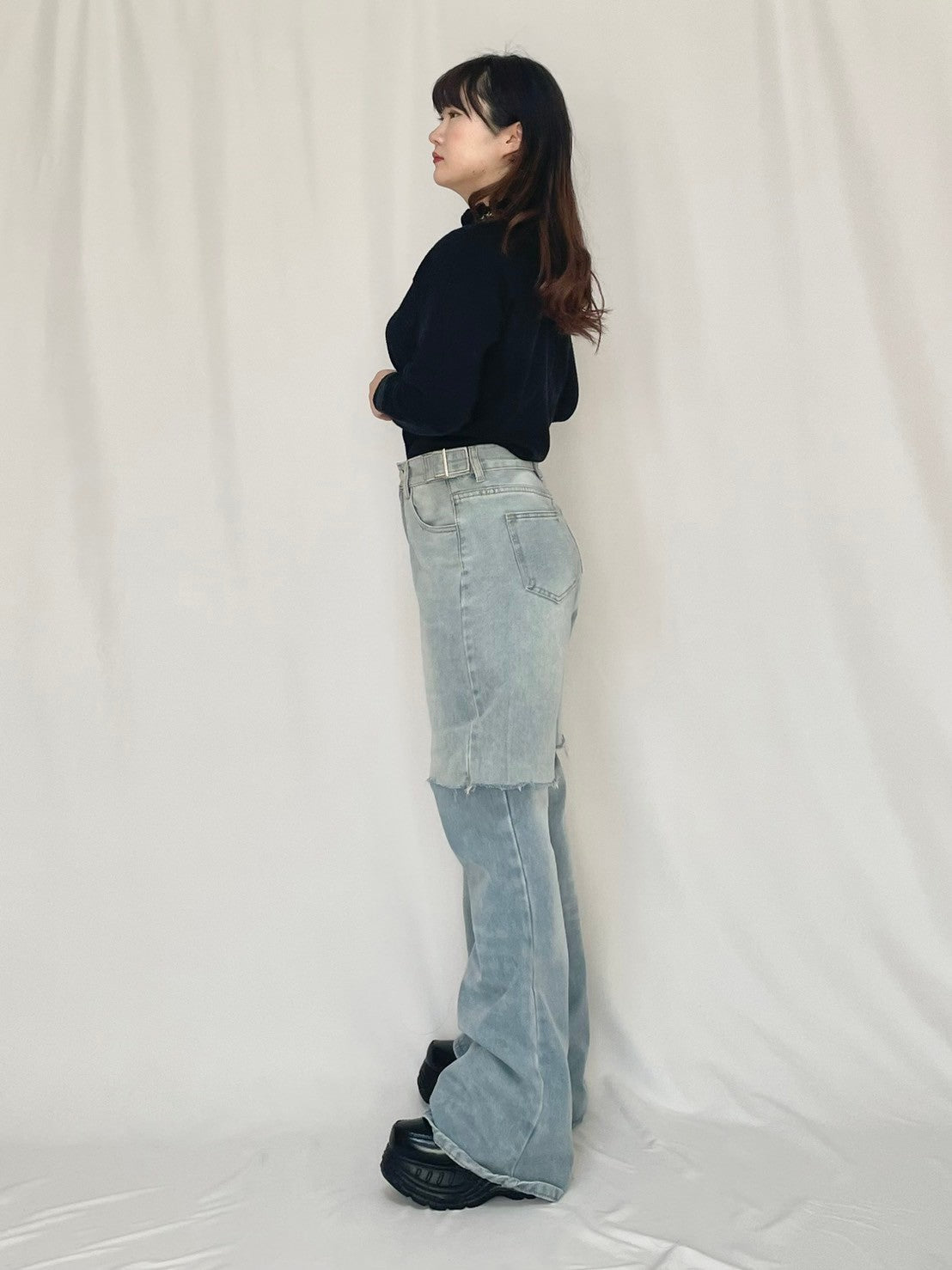 タイトデニムダメージパンツ　年中お出かけ普段着に最適 ap retro ジーンズ デニム デニムパンツ スカートレイヤード